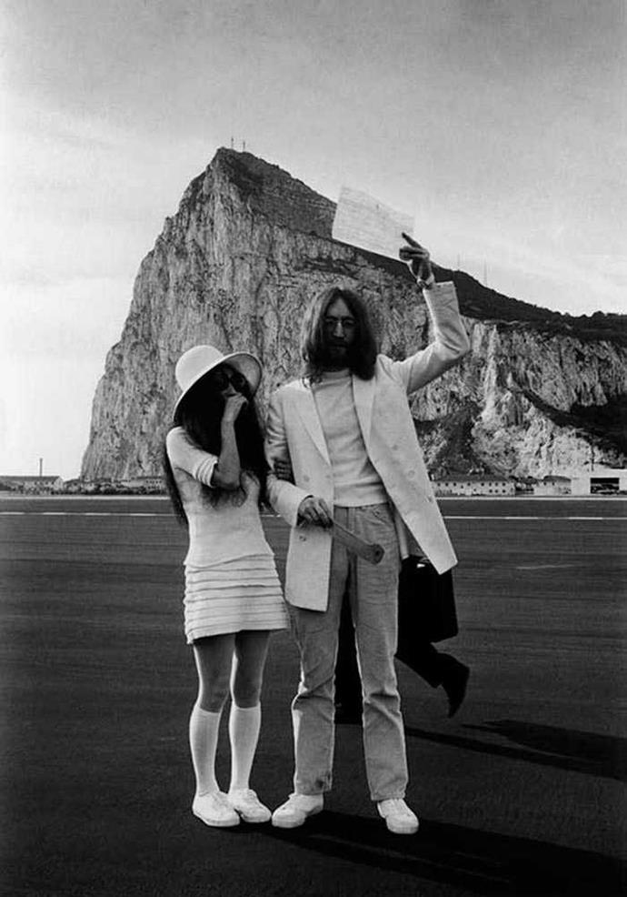 Who would’ve thought that a textured mini dress, knee-high socks and trainers could work for a ceremony? Yoko Ono did.