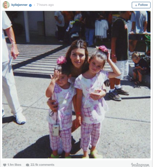 The Kardashian/Jenner clan were all about the cute throwback pic for Kim's 35th birthday, our favourite though? This one posted to Instagram by Kylie Jenner showing her and Kendall as tiny ones in matching outfits with big sis Kim looking after them. Simpler times!