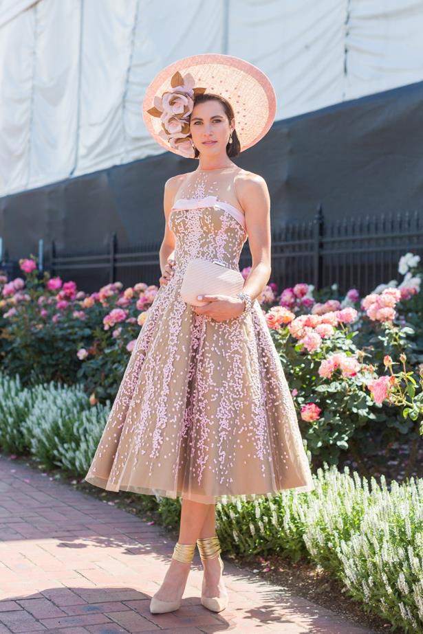 Name: Sarah Dowling <br><br> Outfit: millinery Latica, dress Medwin Couture, Olga Berg bag<br><br> Race day: Melbourne Cup 2015 <br><br> Location: Flemington, Melbourne
