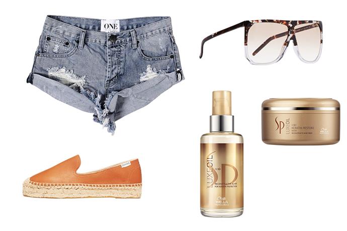 <p><strong>Sheree's Mykonos Essentials</strong> <p> Big shades are a must at the beach clubs. Sunglasses, $595, Loewe, net-a-porter.com <p> Denim cut-offs for heading from the lounge to dinner. Shorts, $99, One by One Teaspoon, oneteaspoon.com.au <p> These were made for navigating cobblestone streets. Espadrilles, $99, Soludos, soludos.com <p> This is great for repairing sun-damaged hair, and it’s travel sized. LuxeOil Reconstructive Elixir, $45, Wella System Professional, 1800 889 886 <p> A multi-takser that doubles as a conditioner while im on the road. LuxeOil Keratin Restore Mask, $38, Wella System Professional, 1800 889 886</p> <p>