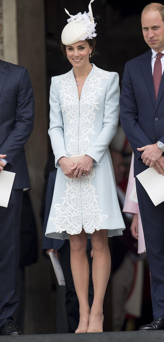 Kate Middleton broke some royal rules in this ice blue number. While Kate used to always wear a shorter skirt, the Queen enacted a longer hemline rule a few years ago. Thankfully, the queen didn't seem to mind this slight transgression from Kate (and why would she when Kate looks so chic here).