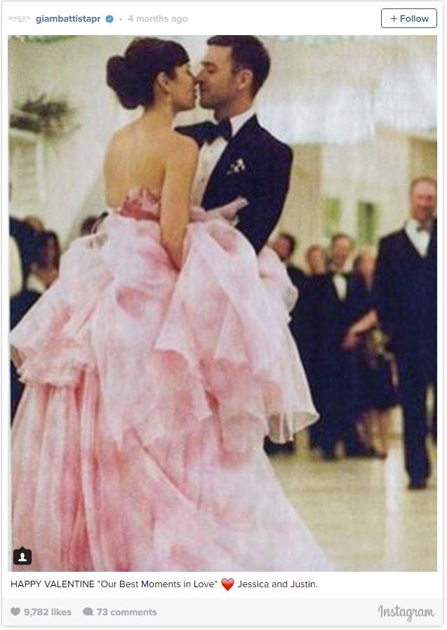 Jessica Biel went with a fluffy pink Giambattista Valli gown for her wedding to Justin Timberlake.