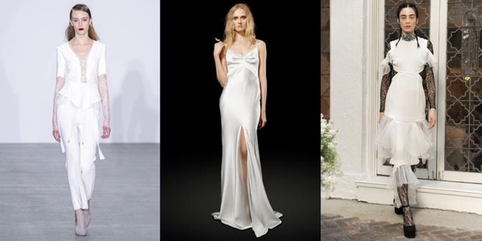 </p><p><b>Scorpio</b><br><br> Scorpio is a water sign, known for its depth, intensity and its all-or-nothing quality. They're not afraid of being a bit edgy when it comes to wedding dresses and skewing away from the expected and the norm. Scorpio isn't necessarily boho–she's almost sexy-edgy and a little bit rock-and-roll. This bride is going for an accent whether it's an Asian influence, or a bit of punk inspiration; she does not mind making a statement that's a bit provocative. You may also find Scorpio wanting to accessorize with a choker, a risqué stiletto or an ankle boot. Only Scorpios look good in Scorpio looks–she can pull off things other signs just can't.<BR><BR> From left: <a href="http://antonioberardi.com/">Antonio Berardi</a> Fall 2016; <a href="http://elizabethfillmorebridal.com/">Elizabeth Fillmore</a> Bridal Spring 2017; <a href="https://houghtonnyc.com/">Houghto</a>n Bridal Spring 2017.