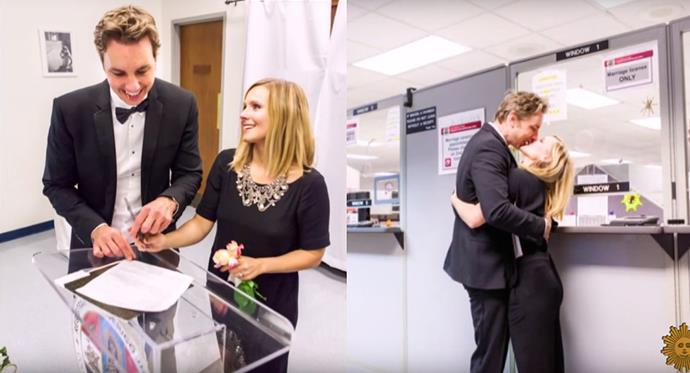 Kristen Bell shared these shots of her 2013 courthouse wedding to Dax Shepard, where she wore black pants and a black shirt with a silver necklace.
