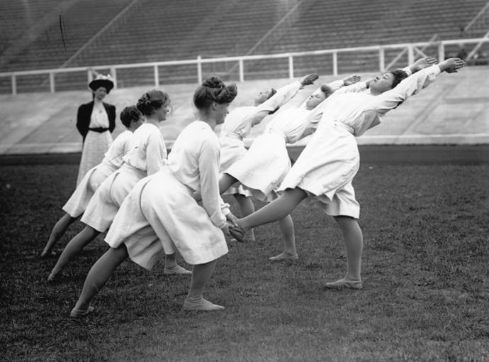<p> <strong>1908</strong><p> <p> Danish gymnasts practicing for the London Olympics.
