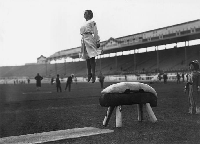 <p> <strong>1908</strong><p> <p> A Danish gymnast flying off the pommel horse during practice in London.