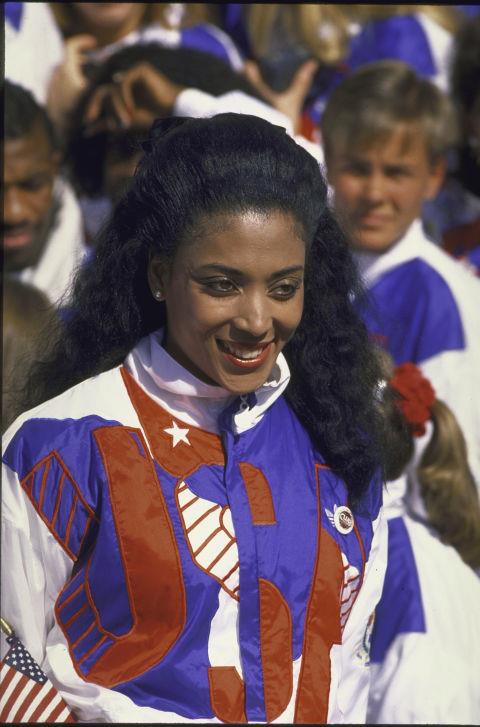 <p> <strong>1988</strong><p> <p> U.S. track star Florence Griffith Joyner with the national team in 1988.