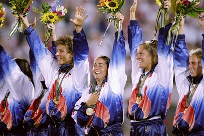 <p> <strong>1996</strong><p> <p> The U.S. women's soccer team rocking tie-dye jerseys while they celebrate a win over China at the games in Georgia.