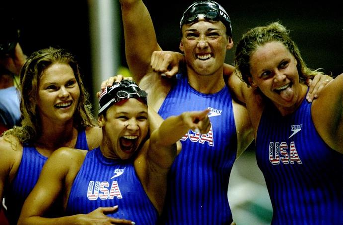 <p> <strong>1996</strong><p> <p> Team USA swimmers celebrating a gold medal win in Atlanta, Georgia. Speedo introduces a fabric made from chlorine-resistant polyester/spandex this year.