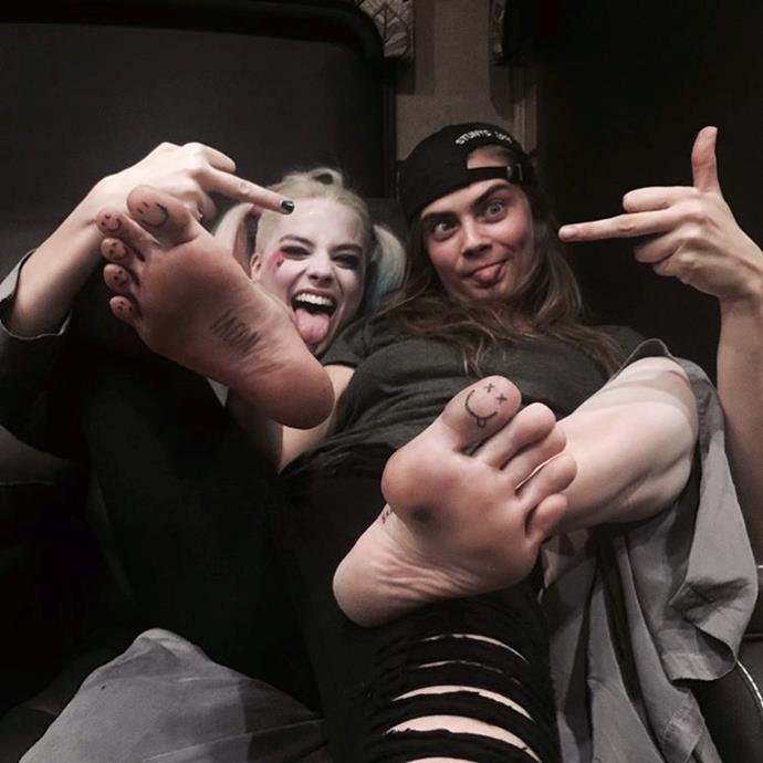 **Margot Robbie and Cara Delevingne**
<br><br>
The famous friends tattooed each other on the toes after their film <em>Suicide Squad</em> wrapped.