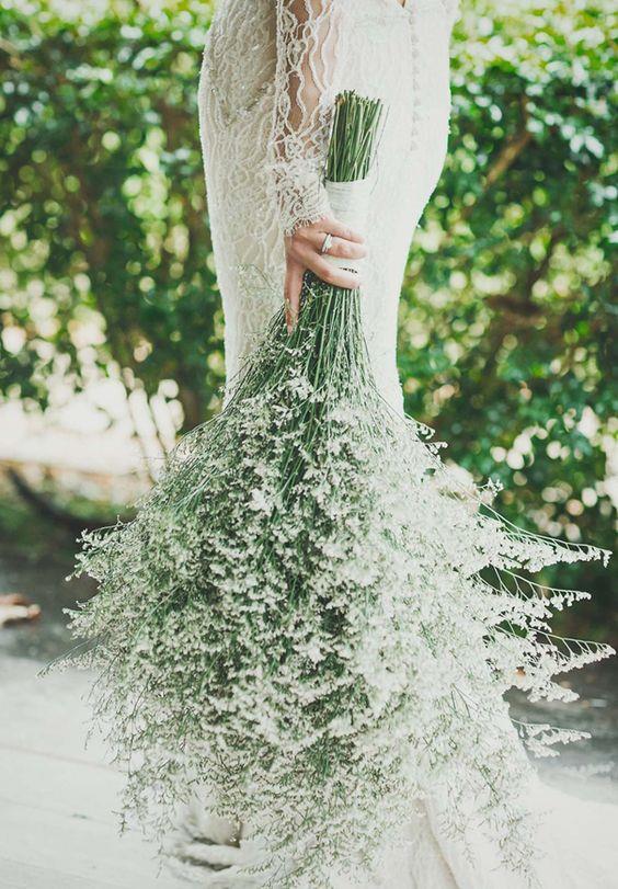 <p> <em>Baby's Breath</em><p> <p> Baby's breath is usually relegated to being a secondary flower—a filler or a decoration, but a new trend is seeing it take centre stage. Keep the flower's long stems and bind it together for a sweet, whimsical posey.<p> <p> <a href="https://au.pinterest.com/pin/409686897337297447/">Image via Pinterest</a>.