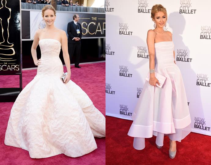 <p> THE WHITE GOWN WITH BELL SKIRT<P> <P> Jennifer Lawrence / Paris Hilton.