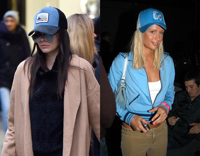 <p> THE BLUE TRUCKER HAT<P> <P> Kendall Jenner in February / Paris Hilton in 2003.
