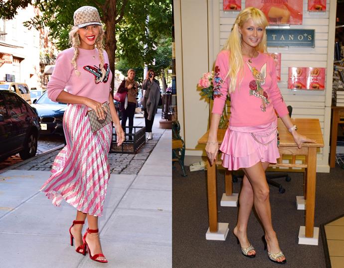 <p> THE PINK EMBROIDERED SWEATER AND SKIRT COMBO<P> <P> Beyoncé in October / Paris Hilton in 2004.