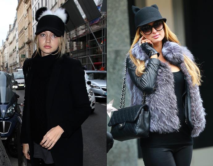 <p> THE MOUSE EARS HAT<P> <P> Gigi Hadid in December, 2015 / Paris Hilton in January, 2015.