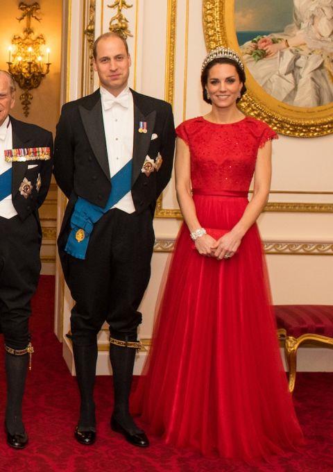 The Duchess of Cambridge wearing a gown by Jenny Packham at the annual evening reception for members of the Diplomatic Corps at Buckingham Palace on 8th December 2016.