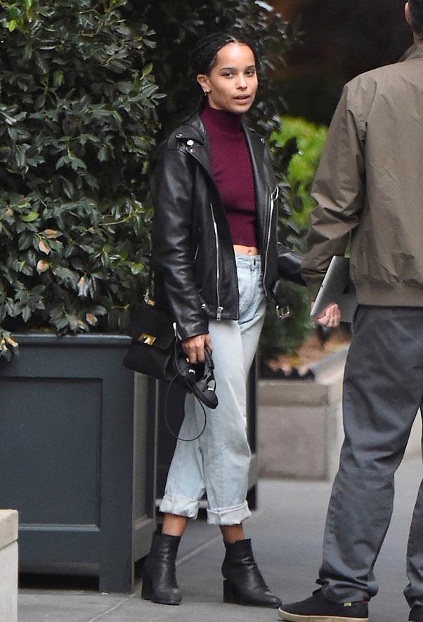 Zoë proves the enduring value of the boyfriend jean/leather jacket combo.