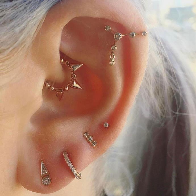Pretty much any part of your ear can be pierced, as long as jewellery can comfortably go through it. Here are all the different [kinds of piercings](https://www.elle.com.au/fashion/how-to-ear-stack-earrings-26343|target="_blank") you can get.<br><br>

*Image via [@lauren_ylang23](https://www.instagram.com/lauren_ylang23/|target="_blank"|rel="nofollow")*