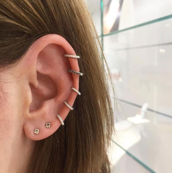 **HELIX PIERCING**<br><br>

[Helix piercings](https://www.elle.com.au/beauty/helix-piercing-20217|target="_blank") go through the cartilage around the ear. It's considered a helix piercing once it pierces the skin that isn't the fleshy lobe.<br><br>

**Healing time:** 6 to 10 months.<br><br>

*Image via [@maria_tash](https://www.instagram.com/p/BQnY8gOFQVw/|target="_blank"|rel="nofollow")*