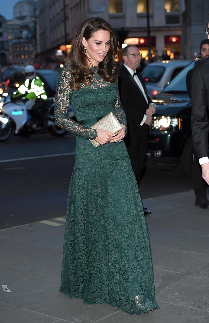 Kate attended an event at London's National Portrait Gallery wearing this forest green Temperley London lace gown.
