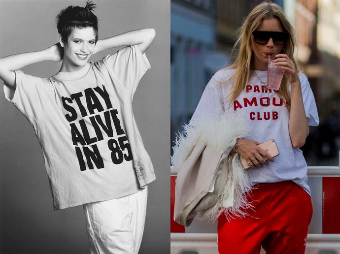 <p><strong>Say It Loud</strong><p> The '80s were all about saying something and saying it loud, which is why the slogan tee was the perfect must-have item. Nowadays, they can be pared down a little more.