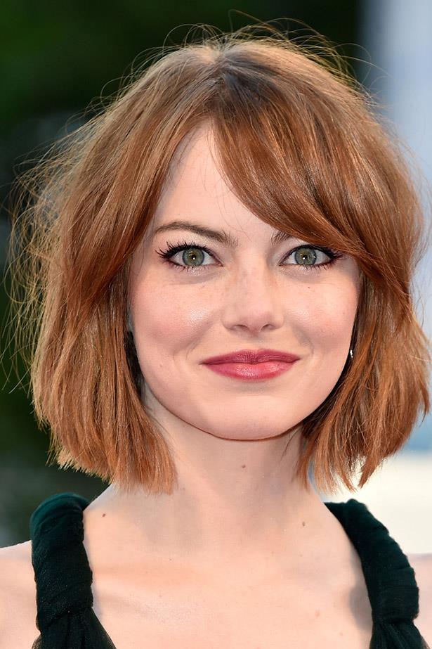 <strong>Emma Stone</strong> <br><br> The red carpet tousled bob of our dreams. This is the way to work a fringe with a bob, people.