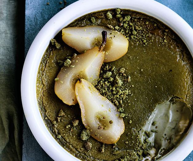 Baked matcha custard with ginger-poached pears