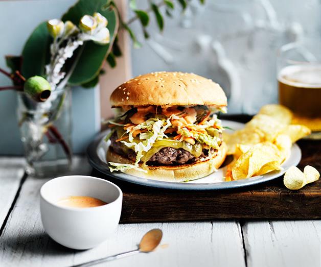 Brisket burgers with cheddar, slaw and comeback sauce