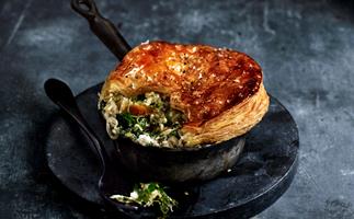 Triple-cheese pot pies with braised greens