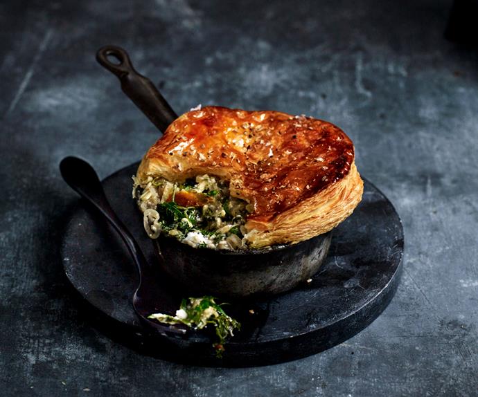 Triple-cheese pot pies with braised greens