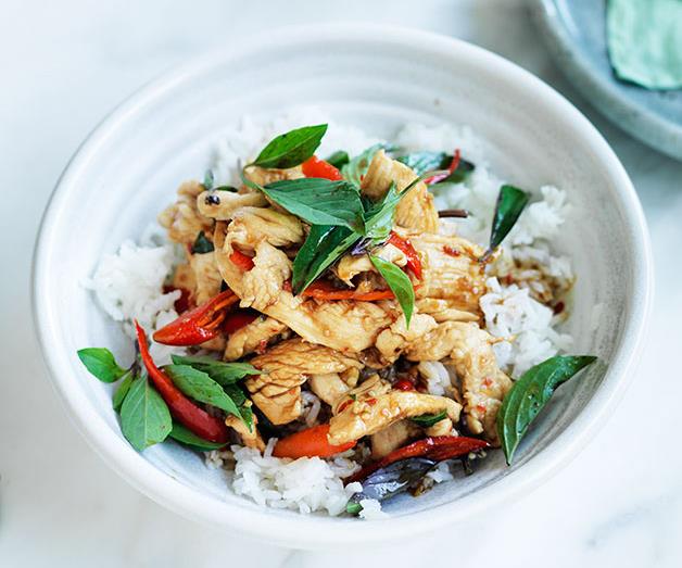 **[Chicken stir-fried with holy basil and chilli](https://www.gourmettraveller.com.au/recipes/fast-recipes/chicken-stir-fried-with-holy-basil-and-chilli-13750|target="_blank")**