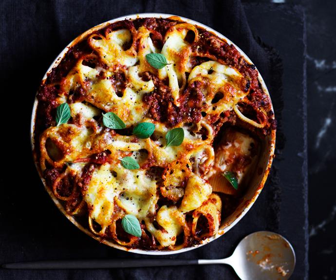 **[Paccheri with sausage ragù and mozzarella](https://www.gourmettraveller.com.au/recipes/browse-all/paccheri-with-sausage-ragu-and-mozzarella-12834|target="_blank")**