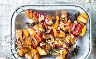 Pork and peach barbecue skewers