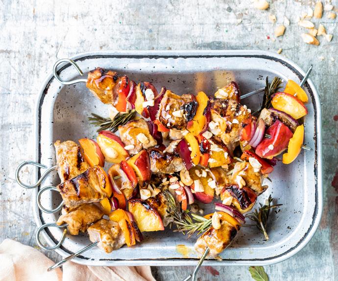 Pork and peach barbecue skewers