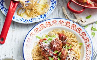 Baked chicken, pea and ricotta meatballs with spaghetti