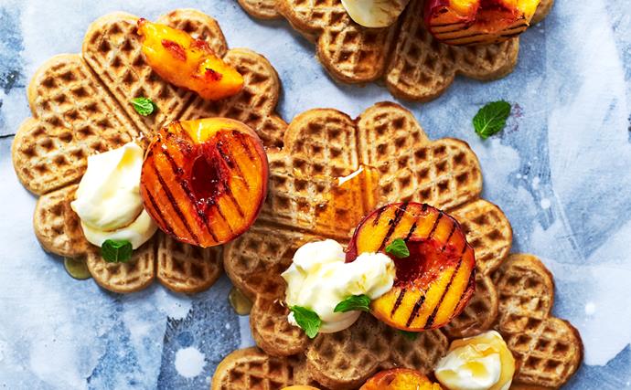 Buckwheat waffles with grilled peaches