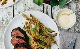 Caraway and parmesan-crusted beans with beef fillet and aioli
