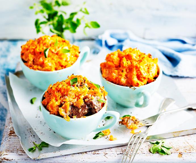 Beef and veg pot pies with kumara topping