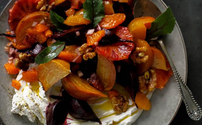 Roasted beet salad with orange, walnut and labneh