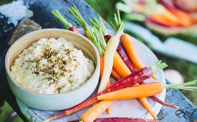 Fresh pineapple cheese dip with baby carrots