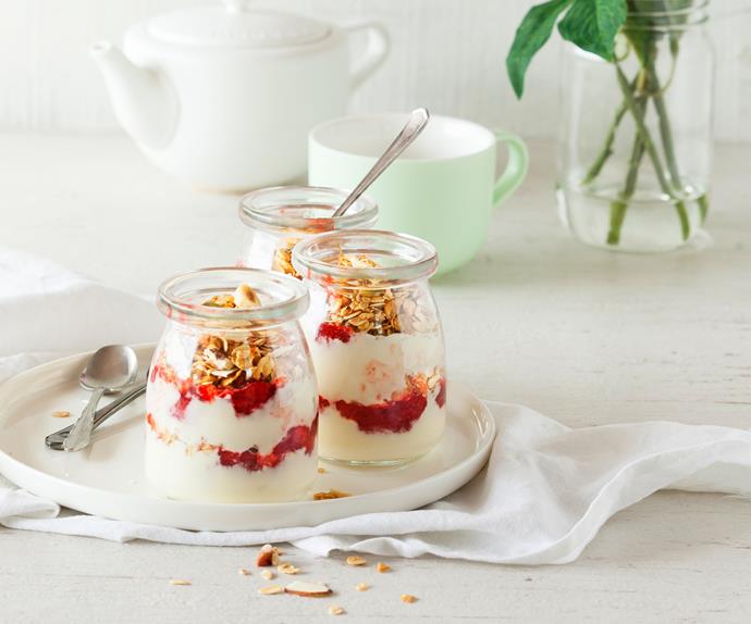 Whipped lemon yoghurt parfait with strawberry compote