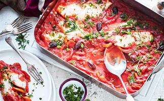 Tray-baked fish with sweet peppers