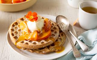 Spiced poached persimmons with gingerbread waffles