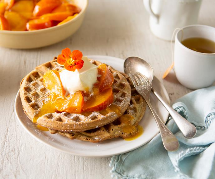 Spiced poached persimmons with gingerbread waffles