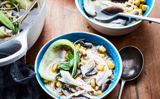 Chicken, corn and mushroom noodle soup