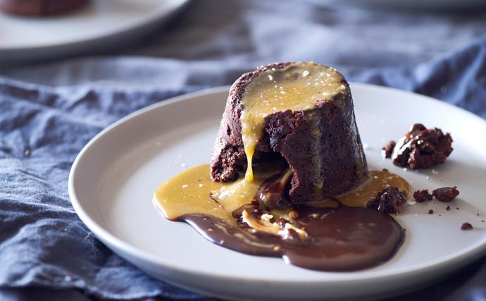 Chocolate toffee molten puddings with salted caramel sauce