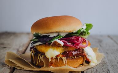 Fennel and lemon-crumbed mozzarella burgers in grilled parmesan buns
