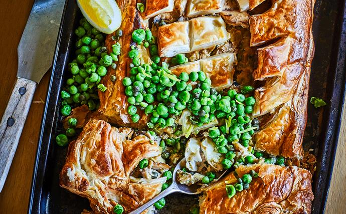 Fish and leek pie with caper parsley peas