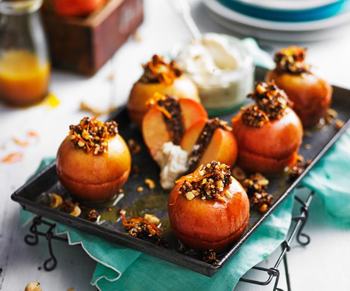 Cinnamon and fig baked apples with mandarin maple sauce