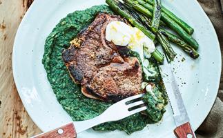 Lamb chop with spinach bean purée